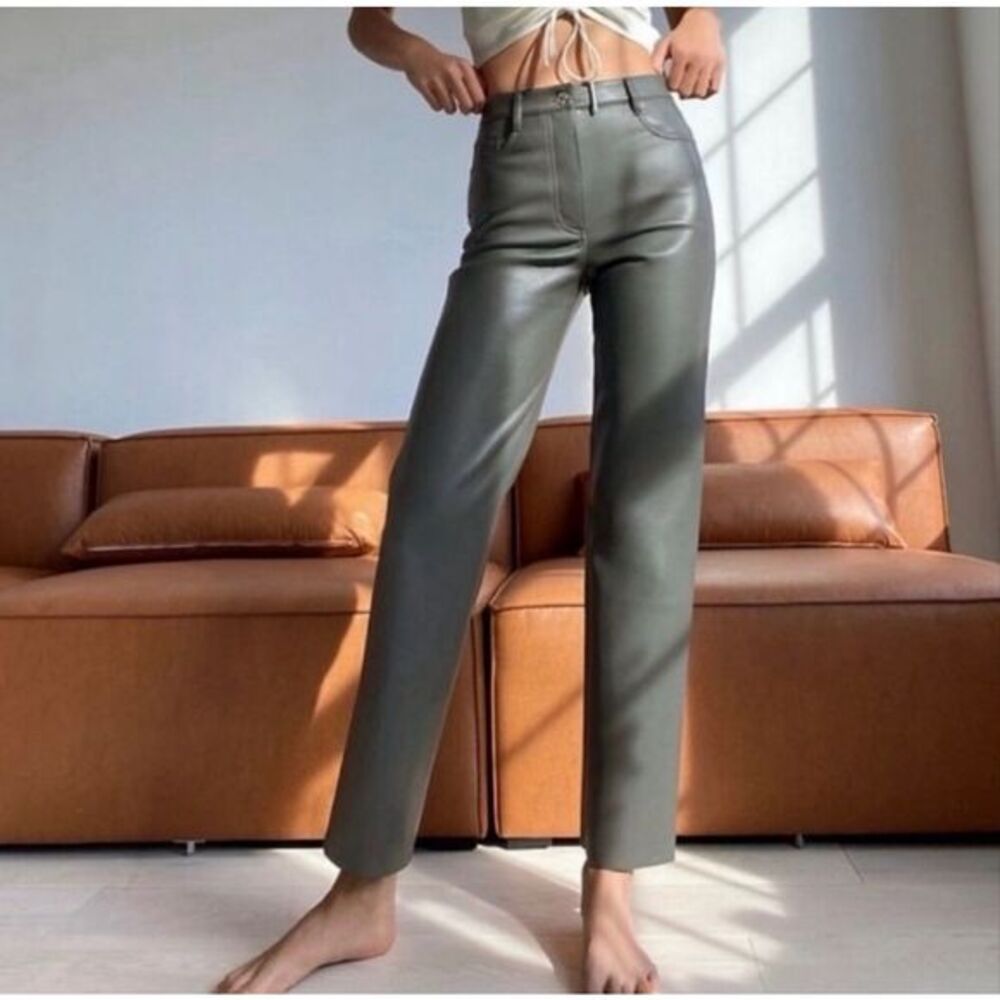 Aritzia Wilfred Gray Faux Leather Pants Melina 4 Straight Leg Trouser High Rise